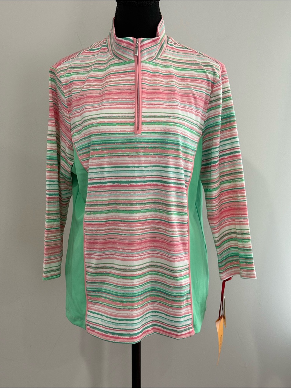 New Ruby Rd L Bathing Suit Top Striped Half-Zip SPf 50 in Pink and Mint 422